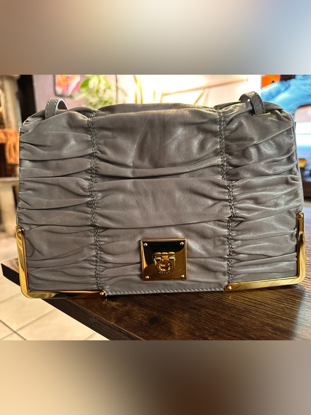 Beautiful BALLY Soft Ruched Lamb Leather Shoulder Bag in TAUPE with Gold Hardwar